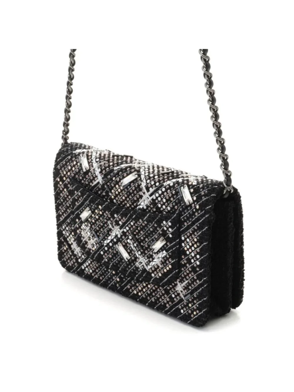 Chanel Chain Wallet Black Silver Tweed Shoulder Bag